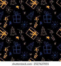 Cute seamless pattern with hand-drawn Christmas gifts. Children's Christmas textiles.