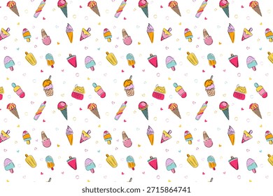 Padrão perfeito bonito com sorvetes coloridos desenhados à mão e picolés em um fundo branco.