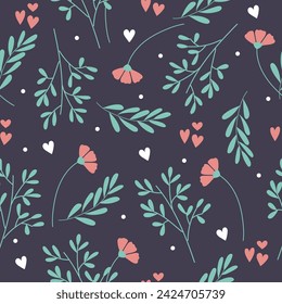 Cute seamless pattern with handdrawn flowers and hearts. Vector illustration.