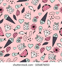 Cute seamless pattern with hand-drawn illustrations. Doodles.