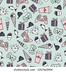 Cute seamless pattern with hand-drawn illustrations. Doodles.