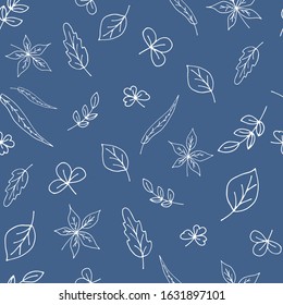 Cute seamless pattern from hand-drawn leaves. Print of various small leaves on a blue background. Doodle art. For wrapping paper, textile, fabric. Vector illustration.