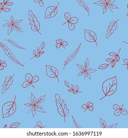 Cute seamless pattern from hand-drawn leaves. Different, small leaves on a blue background. Doodle art for simple design. For wrapping paper, textile, fabric.Vector illustration.