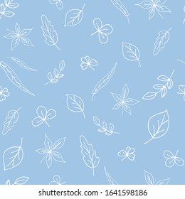 Cute seamless pattern from hand-drawn leaves. Print of various small leaves on a  light blue background. Doodle art for simple design. For wrapping paper, textile, fabric.Vector illustration.