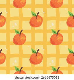 Cute seamless pattern of hand-drawn oranges on a yellow checkered background, perfect for fabric, wallpaper, and wrapping paper designs.