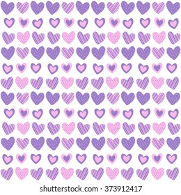 Cute Seamless Pattern With Hand-drawn Pink And Purple Hearts. Valentine's Day Background