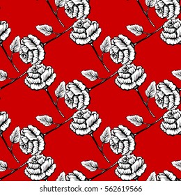 Cute seamless pattern with handdrawn roses isolated on red. Vintage style tattoo vector art. Engraving romantic Victorian collection illustration. Print fabric design. Ink Linear decoration. Packaging