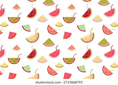 Lindo patrón sin fisuras con rebanadas de sandía dibujadas a mano y refrescantes bebidas de verano sobre un fondo blanco.