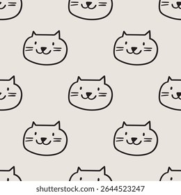 Cute seamless pattern. Happy cat face. Vector graphic design. Hand drawn outline illustration.