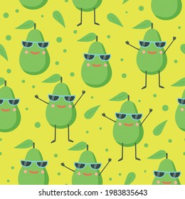  Cute seamless pattern with happy joy avocado character in sunglasses. Vector cartoon Illustration.