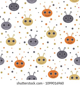 Cute seamless pattern with happy smiling beetles.