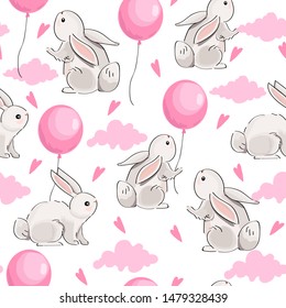 Cute seamless pattern with hares and balloons on white background.
