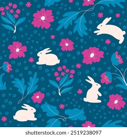 Cute seamless pattern with hares, flowers and leaves on a blue background