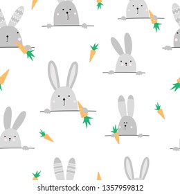 Cute seamless pattern with hares. Cute gray hare with carrot. Сhildish texture for fabric, textile, apparel, nursery decoration. Vector illustration isolated on white background.