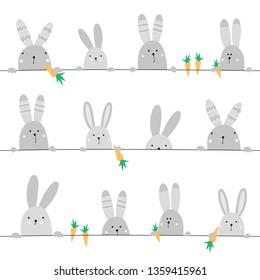 Cute seamless pattern with hares. Cute gray hare with carrot. Line. Сhildish texture for fabric, textile, apparel, nursery decoration. Vector illustration isolated on white background.