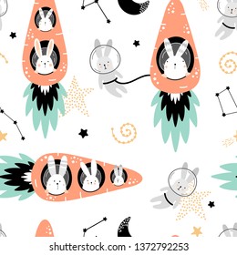 Cute seamless pattern with hares on carrots rockets. Scandinaviann style childish texture for fabric, textile, apparel, nursery decoration. Vector illustration.