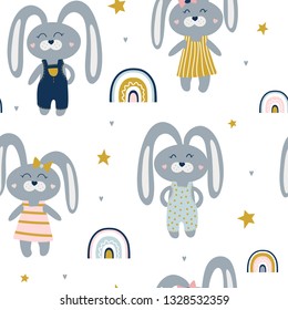 Cute seamless pattern with hares and rainbows. Vector children's illustration. Suitable for printing on fabric, paper, wallpaper.