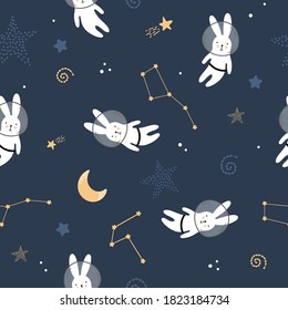 Cute seamless pattern with hares in space. Scandinaviann style childish texture for fabric, textile, apparel, nursery decoration. Vector illustration.