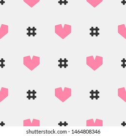 Cute seamless pattern with hashtags and hearts. Girly print. Simple vector illustration.