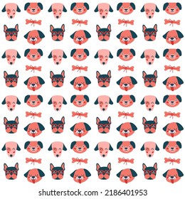 Cute seamless pattern with heads of different breeds dogs and puppies. Illustrations of french bulldog, dog faces, bones. Vector creative baby and kid print in flat cartoon style.