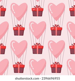 Cute seamless pattern with heart balloons and gifts.Vector design