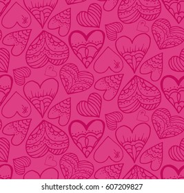 Cute seamless pattern. A heart. Hand drawing. Contour drawing. Doodle design, design. Sketch. Pink background