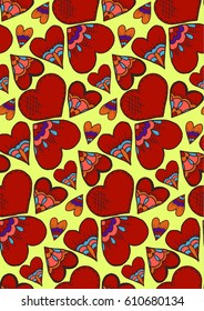 Cute seamless pattern. Heart. Hand drawing. Doodle. Love. Sketch. Yellow background