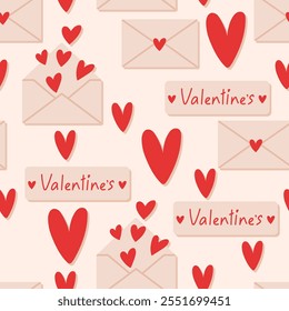 Cute seamless pattern with heart and letters. Vector pastel background. Valentine's day and love