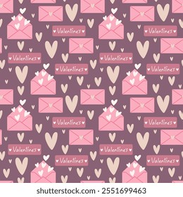 Cute seamless pattern with heart and letters. Vector pastel background. Valentine's day and love