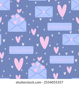 Cute seamless pattern with heart and letters. Vector pastel background. Valentine's day and love