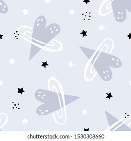 Cute seamless pattern with heart shaped planet and stars. Ornament for gift wrapping paper, textile, surface textures, childish design. Vector Illustration.