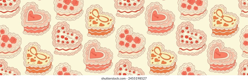 Cute seamless pattern with heart shaped cake. Cakes print coquette. A sweet dessert in the style of y2k. Vector illustration