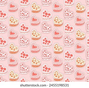 Cute seamless pattern with heart shaped cake. Cakes print coquette. A sweet dessert in the style of y2k. Vector illustration