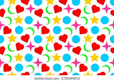 Lindo patrón sin fisuras con el corazón, la estrella, la luna y el círculo. Fondo colorido del patrón del círculo de la luna de la estrella del corazón.
Patrón inconsútil juguetón de iconos del corazón, de la estrella, de la luna, del círculo. 
