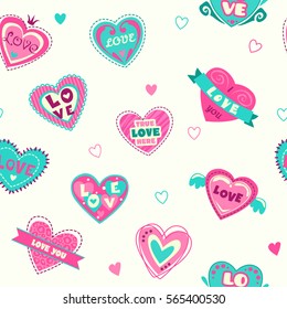 Cute seamless pattern with heart stickers and patches. vector Valentine's Day texture.