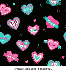 Cute seamless pattern with heart stickers and patches on black background. vector Valentine's Day texture.