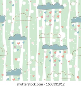 Cute Seamless pattern with hearts and clouds raining hearts on paper background. Vector Illustration