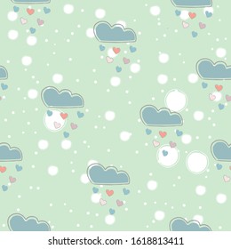 Cute Seamless pattern with hearts and clouds raining hearts on  blue background. Vector Illustration