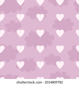 Cute seamless pattern with hearts and clouds, nursery decor, print for baby clothes, wallpaper. Vector illustration in flat style