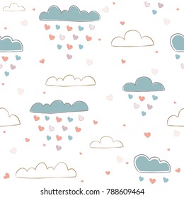 Cute Seamless pattern with hearts and clouds raining hearts on paper background. Vector Illustration