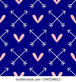 Cute seamless pattern with hearts and crossed arrows drawn by hand. Romantic endless print. Vector illustration.
