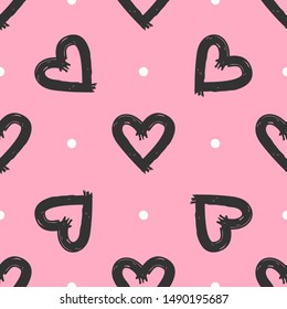 Cute seamless pattern with hearts and dots draw by hand. Sketch, graffiti, grunge. Romantic vector illustration.