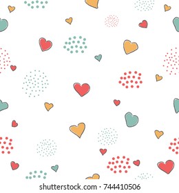 Cute Seamless Pattern with hearts and dots. hand Drawn Delicate Design. Scandinavian Style. For cards, templates, gift paper, prints, decorations, templates, etc. Vector Illustration