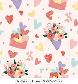 Cute seamless pattern with hearts envelope and bouquet of flowers.Pastel color background for printing on fabric and paper.Vector design for textile,wallpaper,cover.Spring or summer flat illustration.