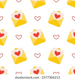 cute seamless pattern of hearts with envelopes, mail background, vector illustration in cartoon style, valentine's day design for print and textile, wallpaper, wrapping paper