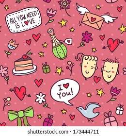 Cute seamless pattern with hearts, flowers, bows, stars, gifts, envelopes and other romantic elements