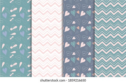 süßes, nahtloses Muster mit Herz, Blumen, Linien im einfachen Stil 