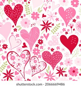 Cute seamless pattern with hearts, flowers and leaves. Romantic vector design. Beautiful print for Valentines day.