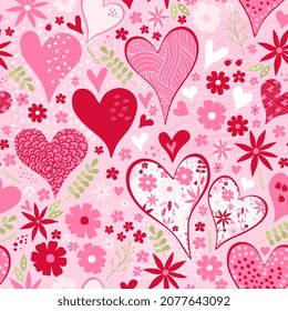 Cute seamless pattern with hearts and flowers in pink colors. Beautiful vector design for Valentines day.