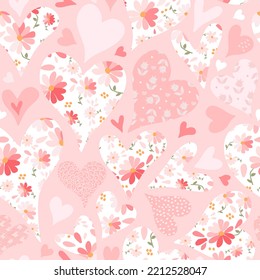 Vector Flat Love Seamless Pattern With Hearts And Flowers. Cute